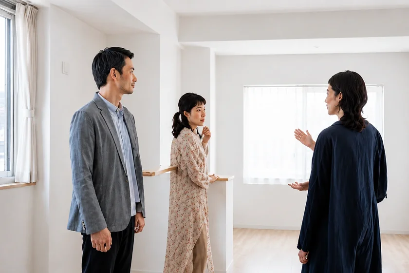 中古マンションの室内を建築士とお客様が確認している様子